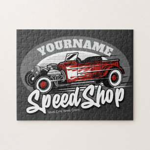 Custom NAME Rockabilly Roadster Speed Shop Garage Jigsaw Puzzle