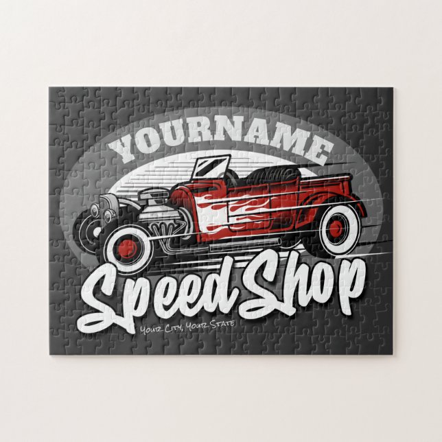 Custom NAME Rockabilly Roadster Speed Shop Garage Jigsaw Puzzle (Horizontal)