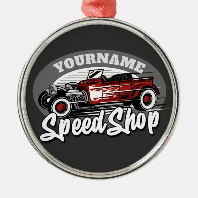 Custom NAME Rockabilly Roadster Speed Shop Garage Metal Ornament (Front)