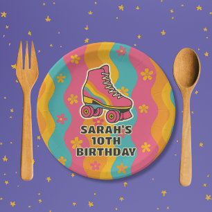 Custom Name Roller Skating Girl Birthday Party Paper Plate