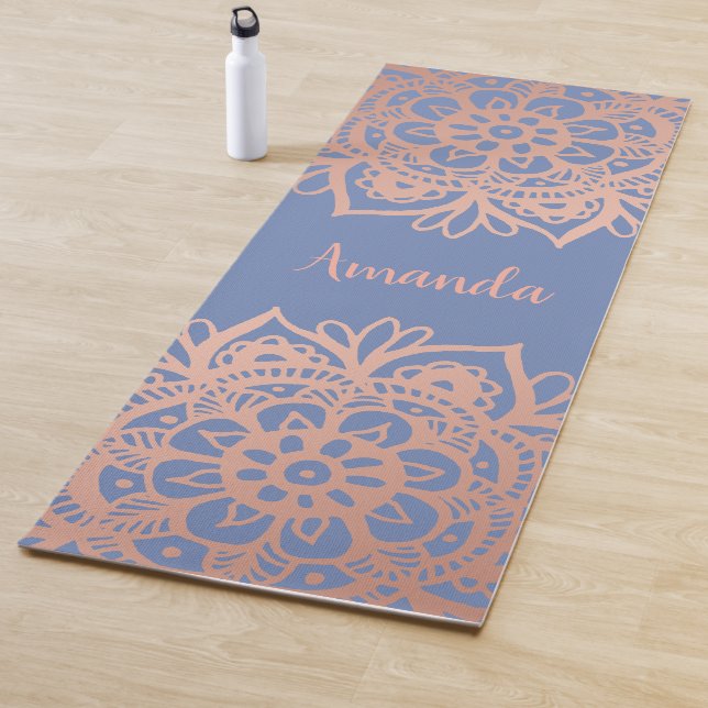 Custom Name Rose Gold Mandala Blue Yoga Mat (In Situ)