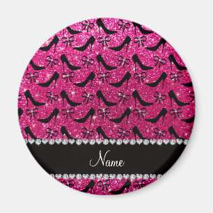 Custom name rose pink glitter black high heels bow magnet