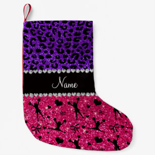 Custom name rose pink glitter cheerleading leopard small christmas stocking