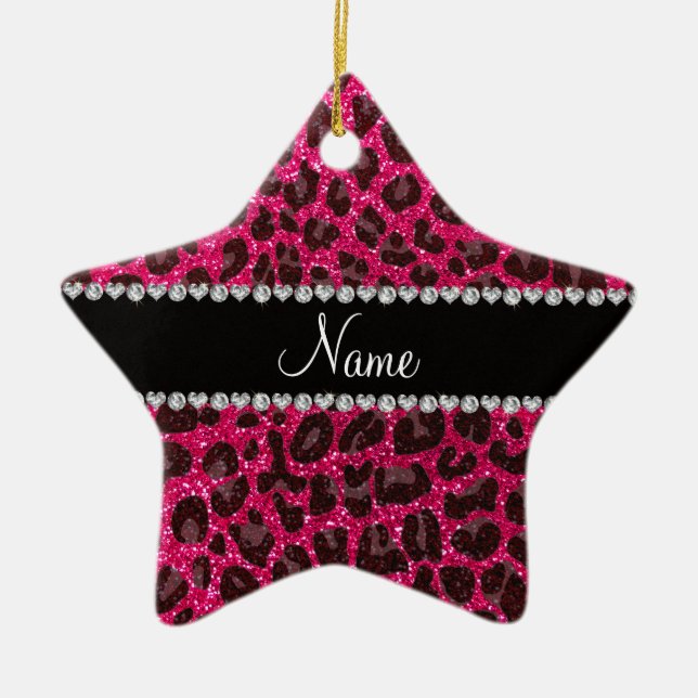 Custom name rose pink glitter leopard print ceramic ornament (Front)