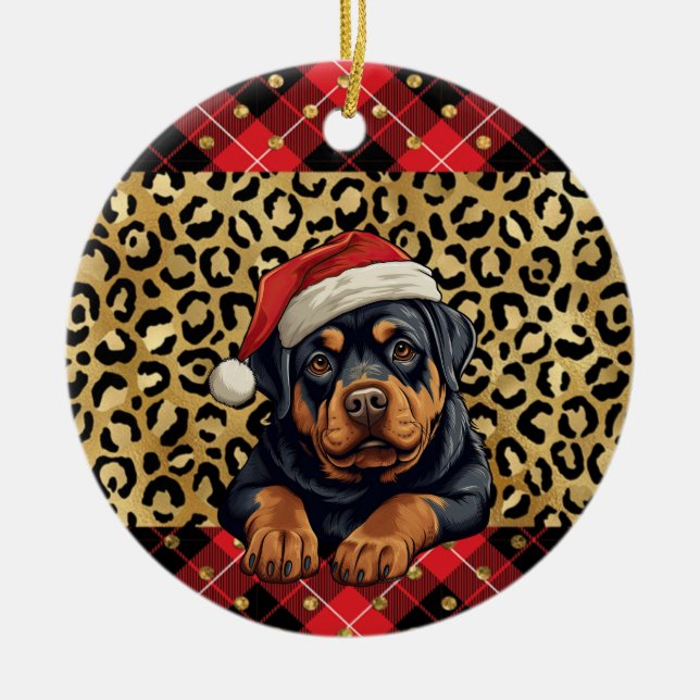 Custom Name Rottweiler dog Santa hat Buffalo Plaid Ceramic Ornament (Front)