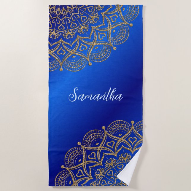 Custom Name Royal Blue and Gold Mandala Elegant Beach Towel (Front)