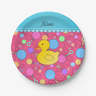 Custom name rubber duck pink baby rattles paper plate