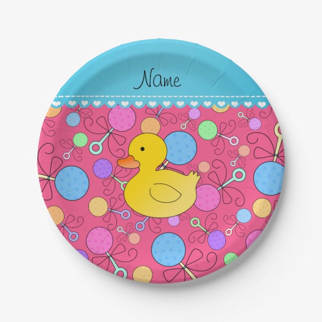 Custom name rubber duck pink baby rattles paper plate (Front)