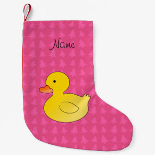 Custom name rubber duck pink trees small christmas stocking