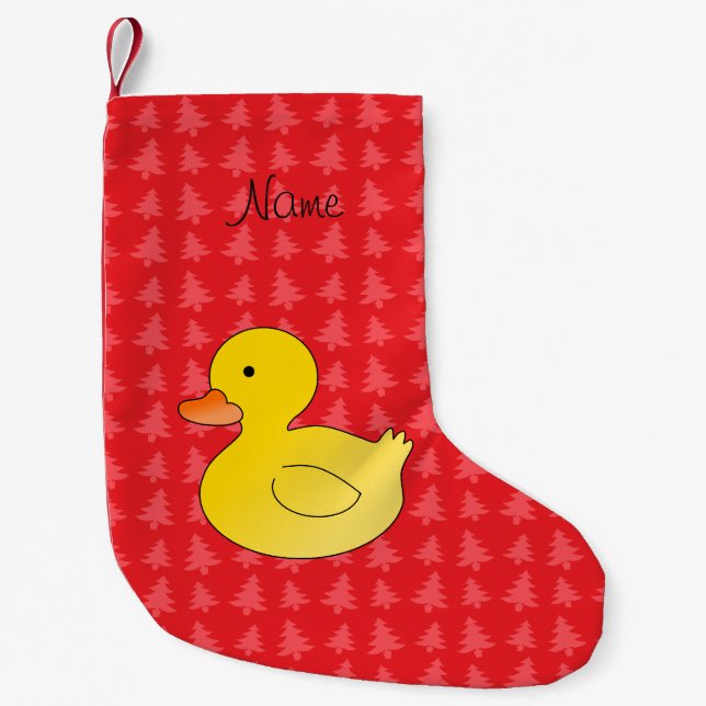 Custom name rubber duck red trees small christmas stocking (Front)