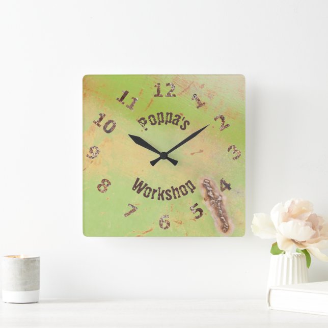 Custom Name Rustic Garage Workshop Green Patina Square Wall Clock (Home)