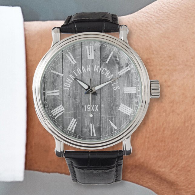 Custom Name Rustic Grey Wood Farmhouse Watch (Creator Uploaded)