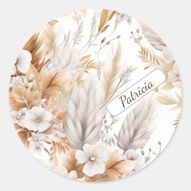 Custom Name Rustic Modern Bohemian Wildflowers Classic Round Sticker (Front)