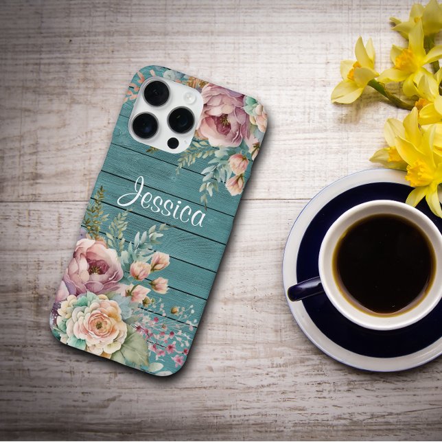 Custom Name Rustic Teal Wood Floral Personalised iPhone Case (Creator Uploaded)
