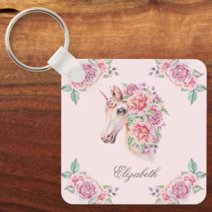 Custom Name Rustic Watercolor Floral Unicorn Girls Key Ring