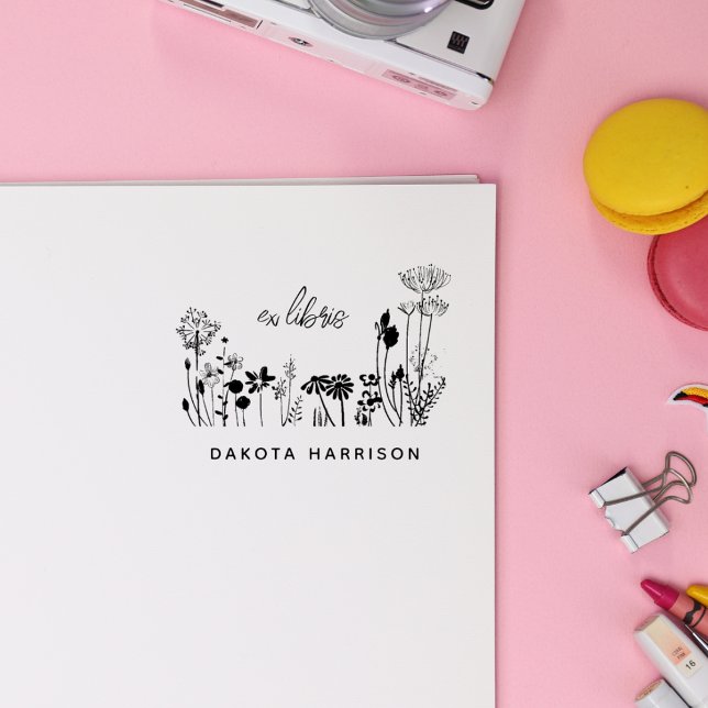 Custom Name Rustic Wildflowers Book  Rubber Stamp (Creator Uploaded)