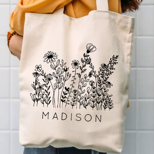 Custom name rustic wildflowers bridesmaid tote bag