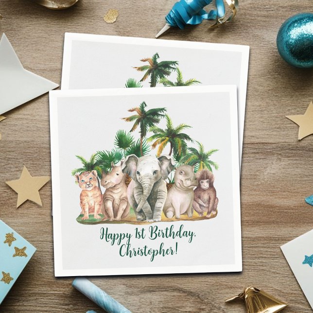 Custom Name Safari Animals Palm Trees Birthday Napkin (Creator Uploaded)