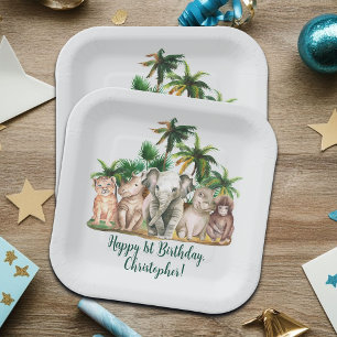 Custom Name Safari Animals Palm Trees Birthday Paper Plate