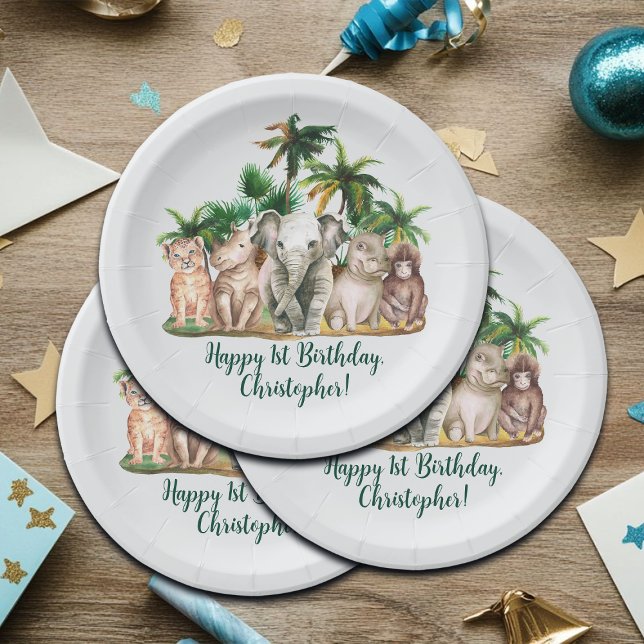 Custom Name Safari Animals Palm Trees Birthday Paper Plate (Creator Uploaded)