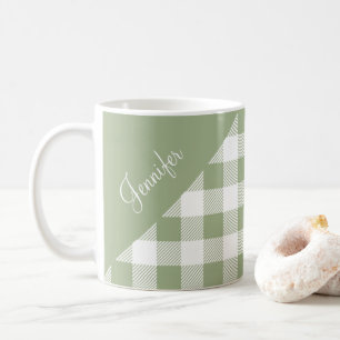 Custom Name Sage Green Plaid Check Pattern Coffee Mug