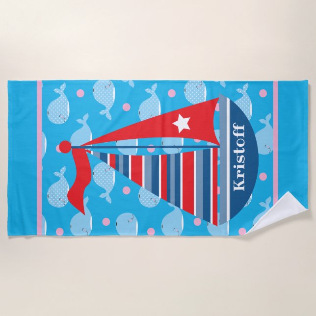 Custom Name Sailboat Kid's Boy's Beach Towel (Front)