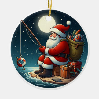 Custom name santa fishing ceramic ornament