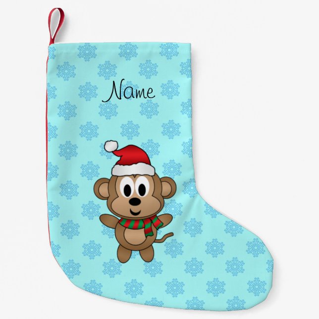 Custom name santa monkey light blue snowflakes small christmas stocking (Front)
