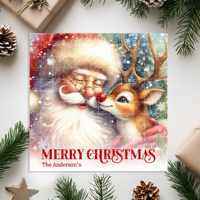 Custom Name Santa Rudolph Christmas Jigsaw Kids Jigsaw Puzzle (Custom Name Santa Rudolph Christmas Jigsaw for Kids)