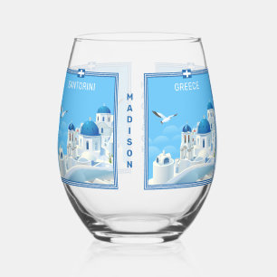Custom Name Santorini Greece Stemless Wine Glass