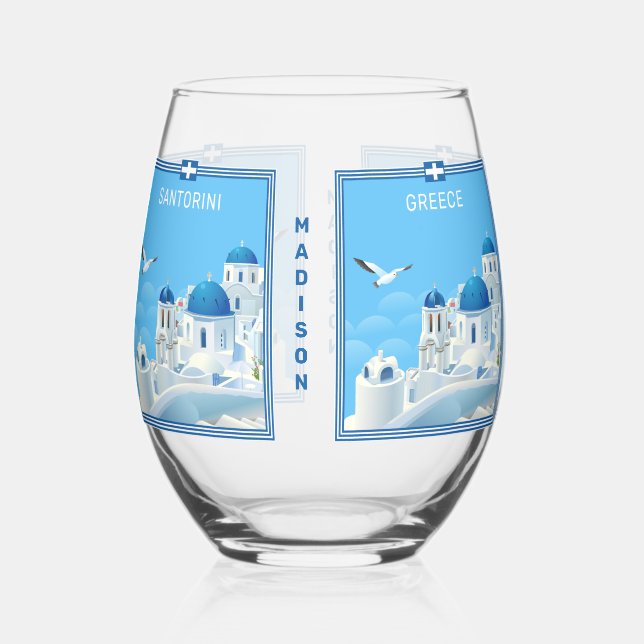 Custom Name Santorini Greece Stemless Wine Glass (Back)