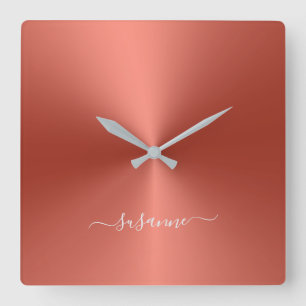 Custom Name Scarlet Red Metallic Style Acrylic Square Wall Clock