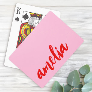 Custom name script bold pink and red playing cards
