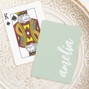 Custom name script light sage green and white playing cards