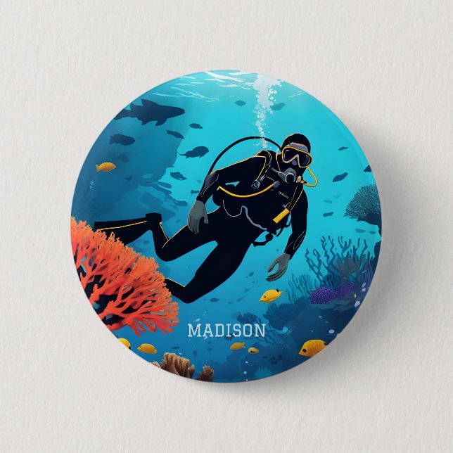 Custom Name Scuba Diver 6 Cm Round Badge (Front)