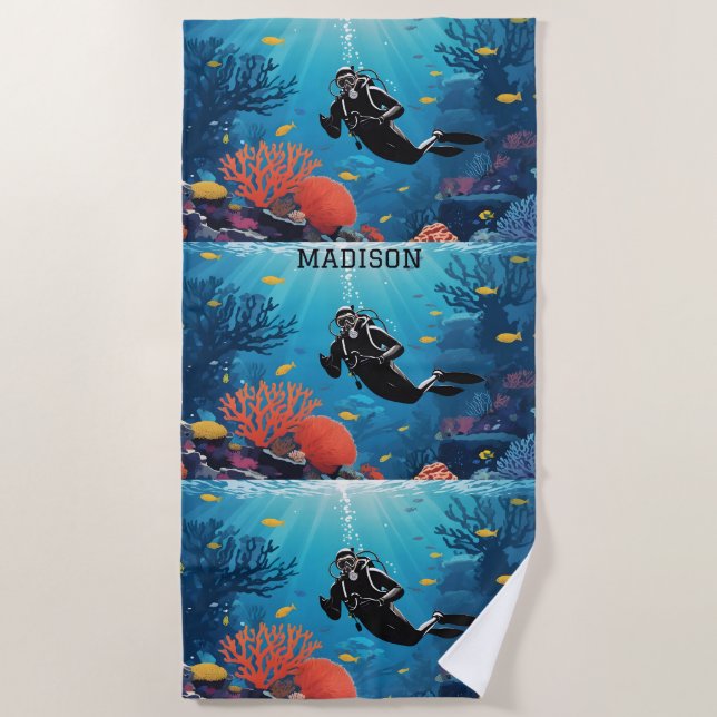 Custom Name Scuba Diver Beach Towel (Front)