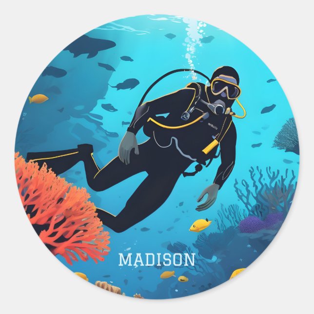 Custom Name Scuba Diver Classic Round Sticker (Front)
