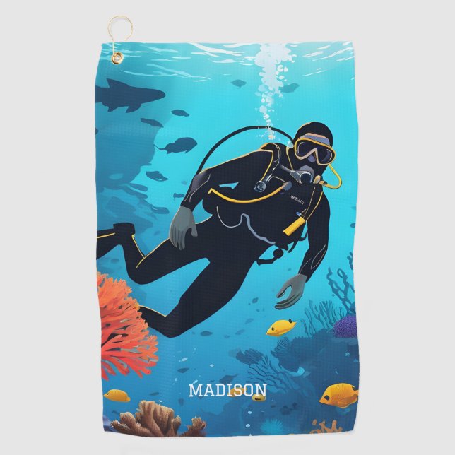 Custom Name Scuba Diver Golf Towel (Front)