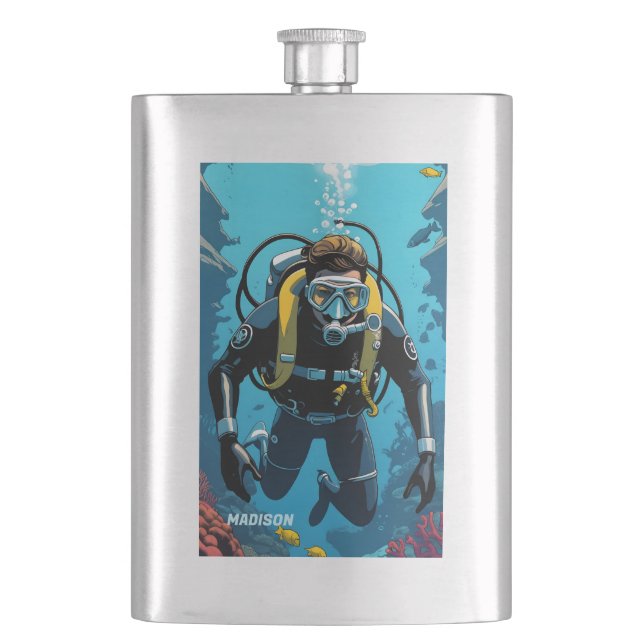 Custom Name Scuba Diver Hip Flask (Front)
