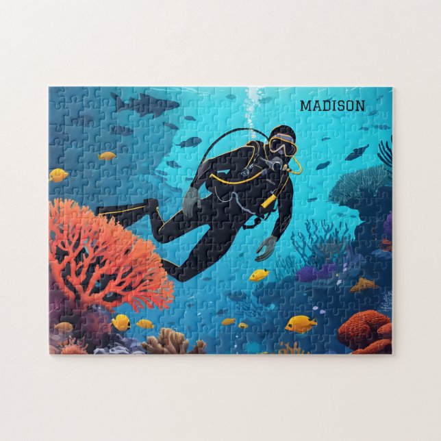 Custom Name Scuba Diver Jigsaw Puzzle (Horizontal)