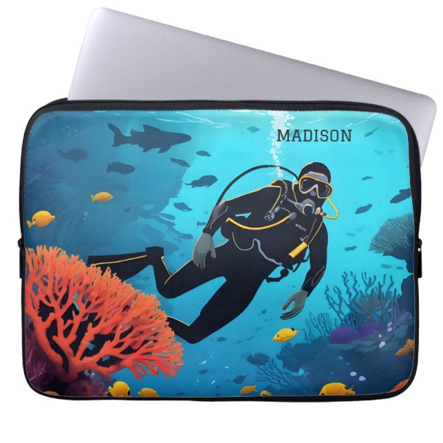Custom Name Scuba Diver Laptop Sleeve (Front)