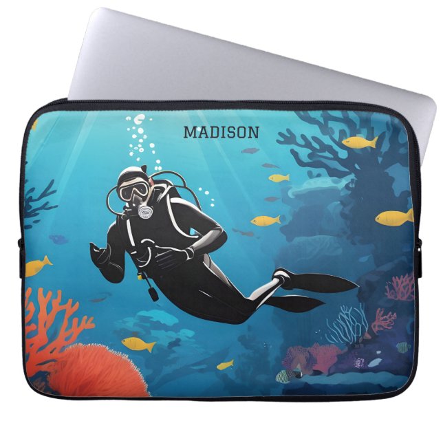 Custom Name Scuba Diver Laptop Sleeve (Front)