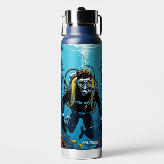 Custom Name Scuba Diver Water Bottle (Front)