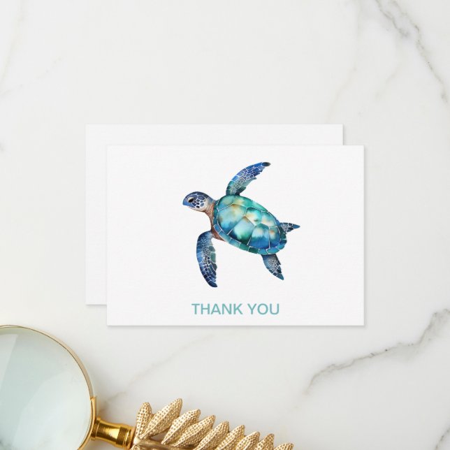 Custom Name Sea Turtle White Thank You Card (Front/Back In Situ)
