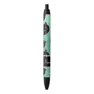 Custom name seafoam green glitter black cat faces black ink pen