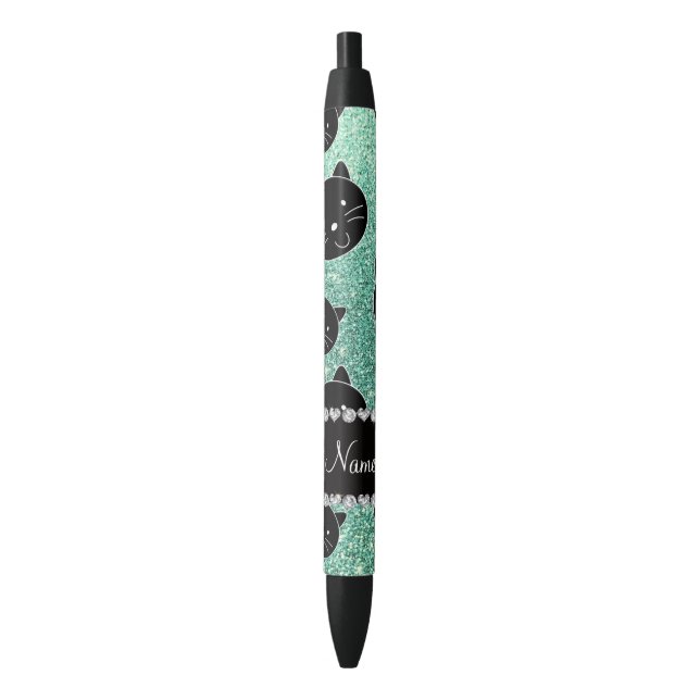 Custom name seafoam green glitter black cat faces ink pen (Front Vertical)