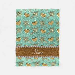 Custom name seafoam green glitter gold roses heart fleece blanket
