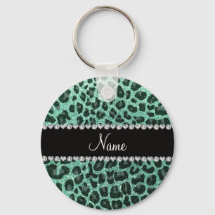 Custom name seafoam green glitter leopard print key ring