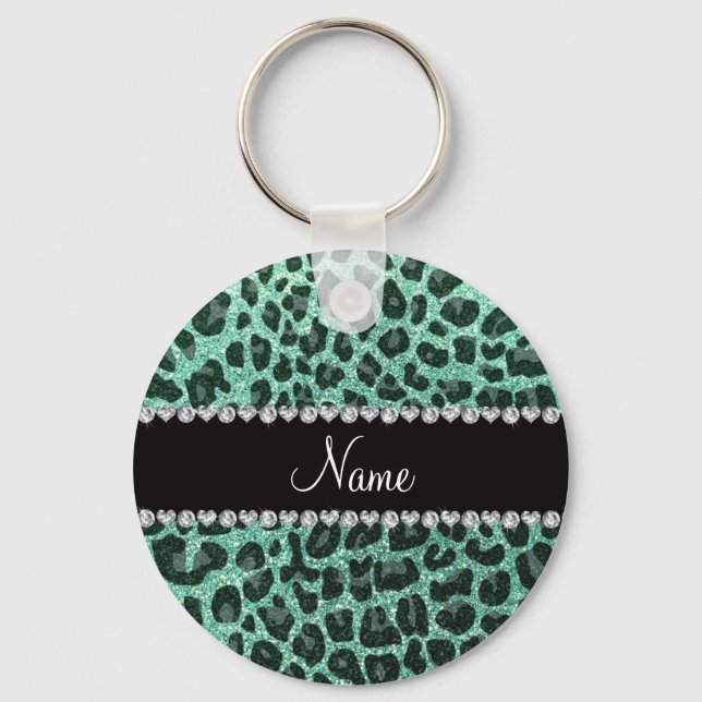 Custom name seafoam green glitter leopard print key ring (Front)