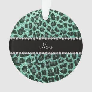 Custom name seafoam green glitter leopard print ornament